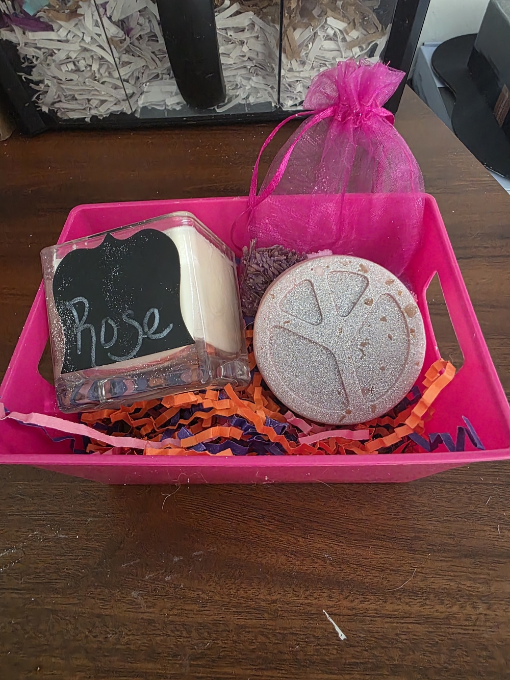 Pink Gift Basket with Rose-Scented Candle & Sparkle Bath Bomb